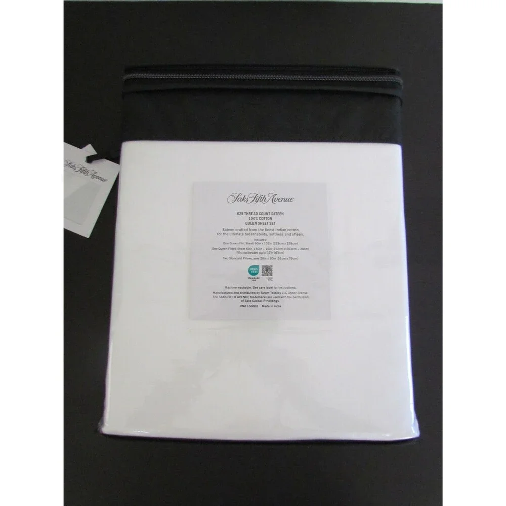 Saks Fifth Avenue Queen 100% Cotton Sateen Sheet Set White 625 TC New